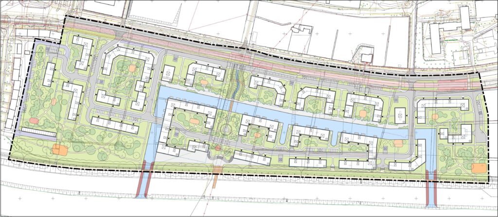 Kwartał nad kanałem — plan zagospodarowania z układem zabudowy, zieleni i wody