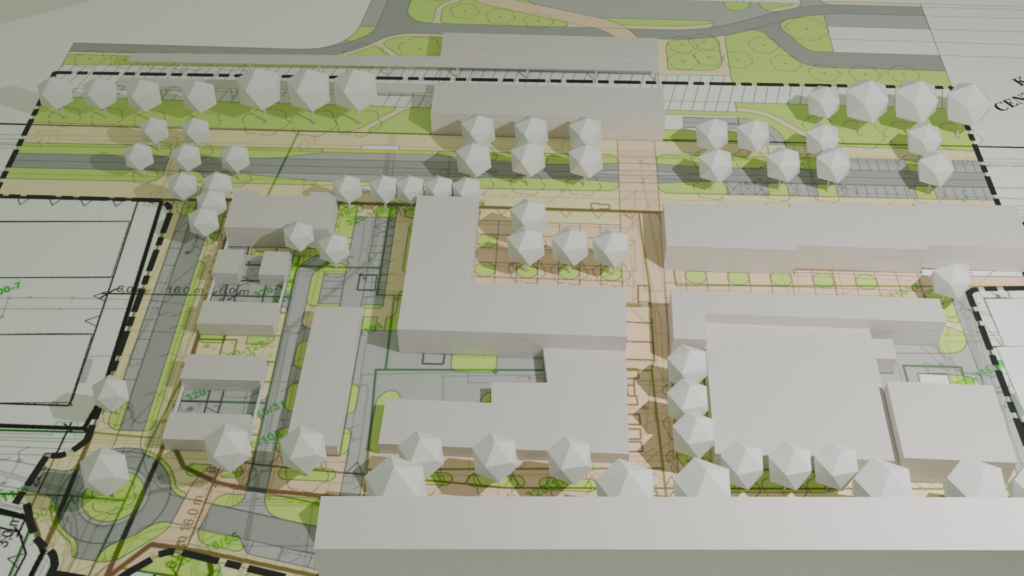 Nowe Lokalne Centrum Usługowe — wizualizacja 3D, układ zabudowy wokół centrum