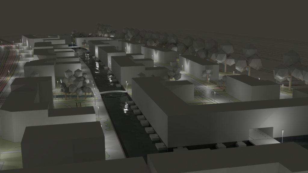 Kwartał nad kanałem — wizualizacja 3D, ujęcie nocne