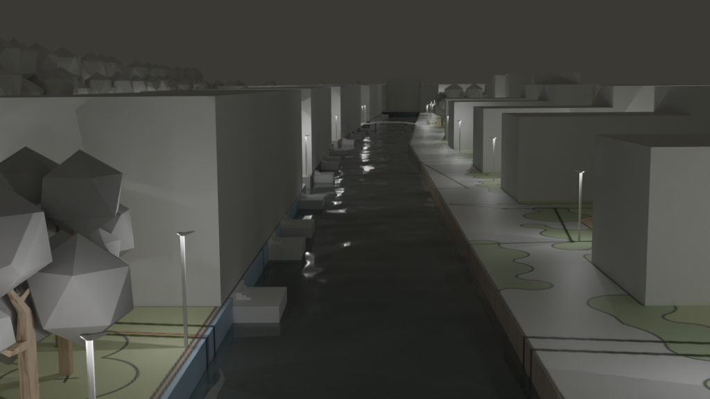 Kwartał nad kanałem — wizualizacja 3D, ujęcie nocne