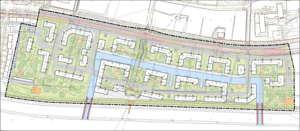 Kwartał nad kanałem — plan zagospodarowania z układem zabudowy, zieleni i wody