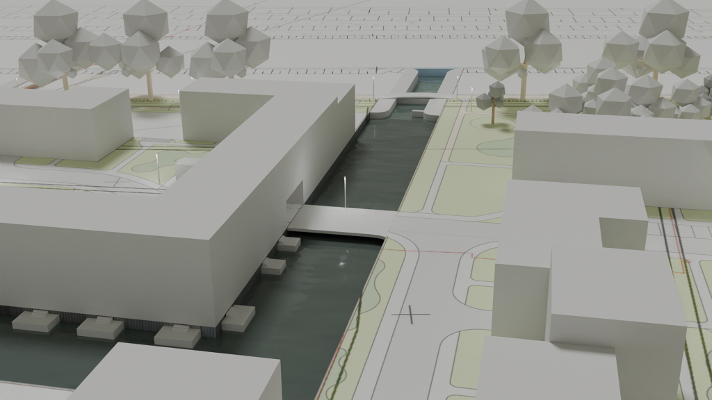Kwartał nad kanałem — wizualizacja 3D: budynki, zieleń i woda wprowadzona w głąb osiedla